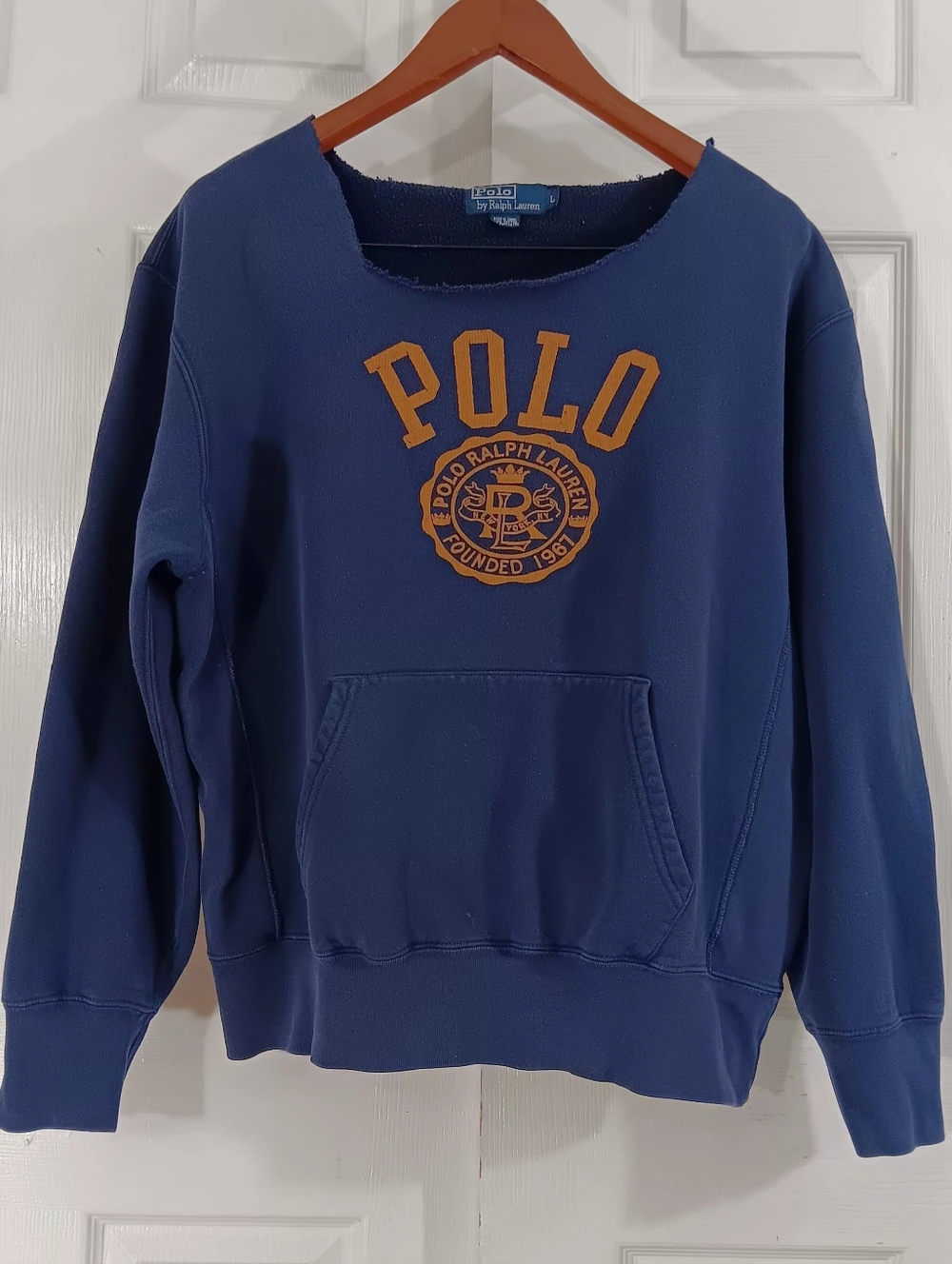 VTG 90s Polo Ralph Lauren Navy Hoodie Sweatshirt Men's L Distressed Raw Cut
